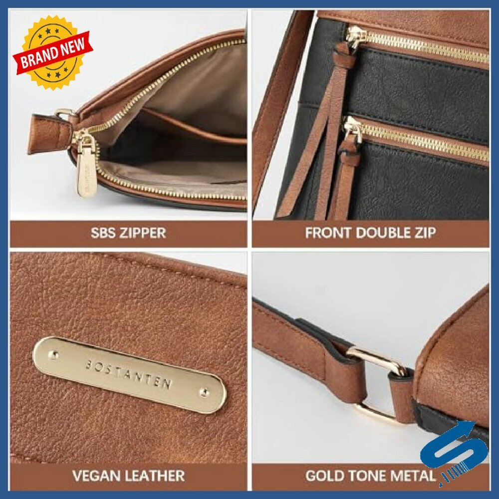 Medium Vegan Leather Crossbody Bag with 5 Zipper Pockets for Daily Use - Picture 4 of 8